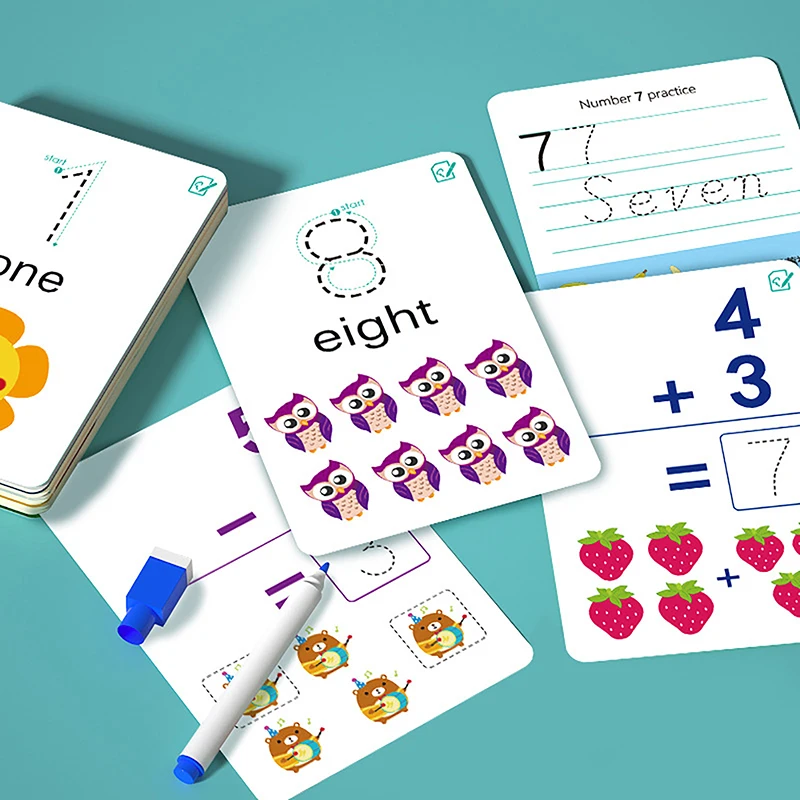 Cartões de aprendizagem infantil para leitura e escrita, flashcard cognição número, brinquedo educativo matemática para crianças