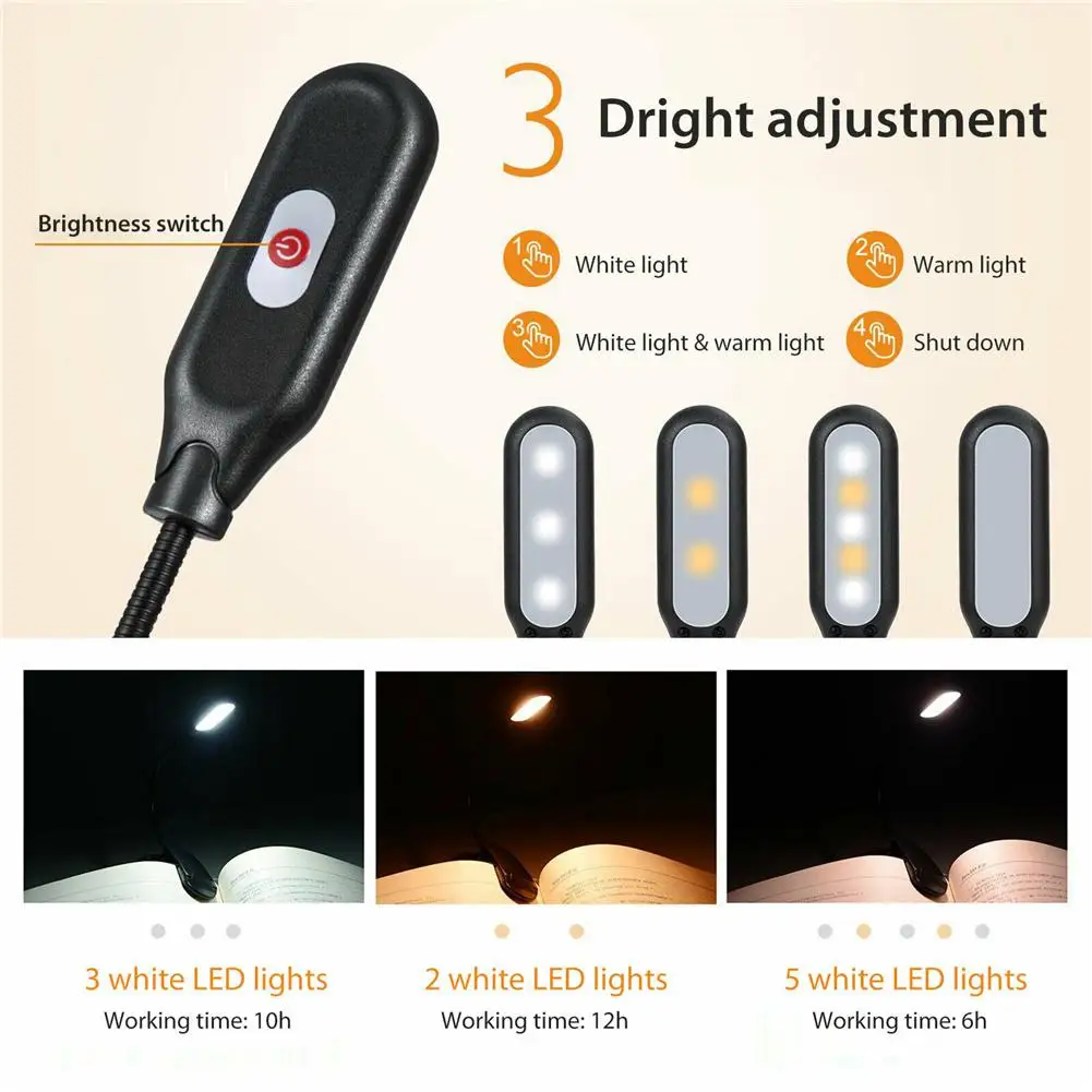 Dimmable Led Reading Light Usb Rechargeable Clip Book Light for Reading In Bed Mini Portable Amber Reading Lamp Exclude Battery
