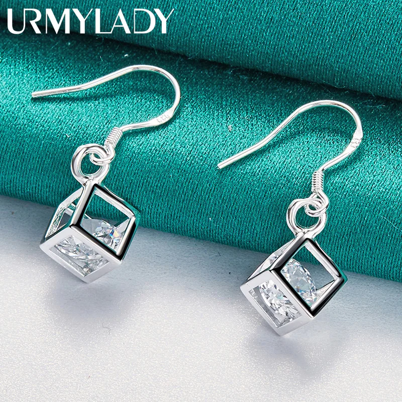 

URMYLADY 925 Sterling Silver Hollow Cube Square Zircon Earrings Eardrop for Women Charm Wedding Engagement Fashion Jewelry