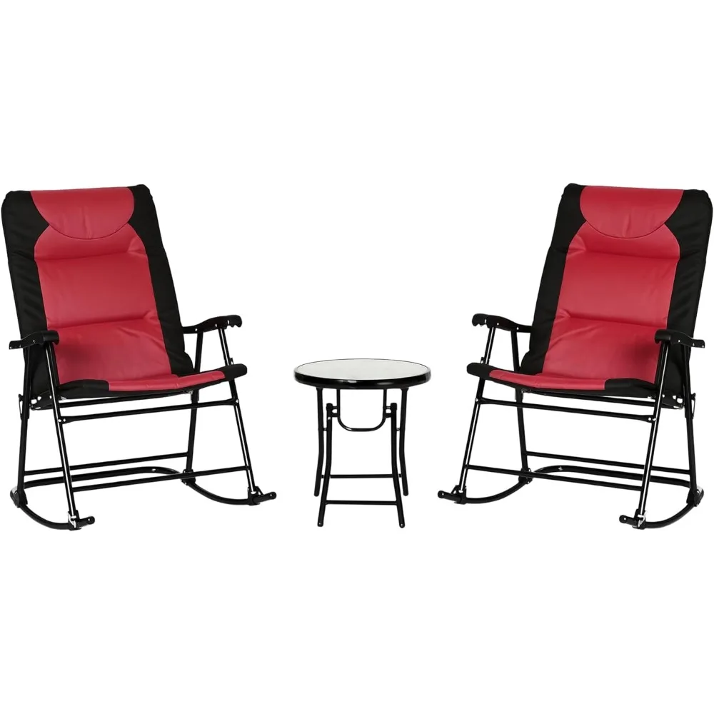 طقم أثاث فناء خارجي بيسترو مكون من 3 قطع مع طاولة قهوة زجاجية وكرسيين هزاز مبطن قابلين للطي لاستخدام الشرفة