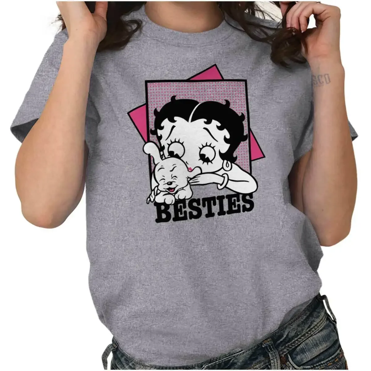 Betty Poop Besties Pudgy Dog Retro Vintage Womens Graphic Crewneck T Shirt Tee long sleeves