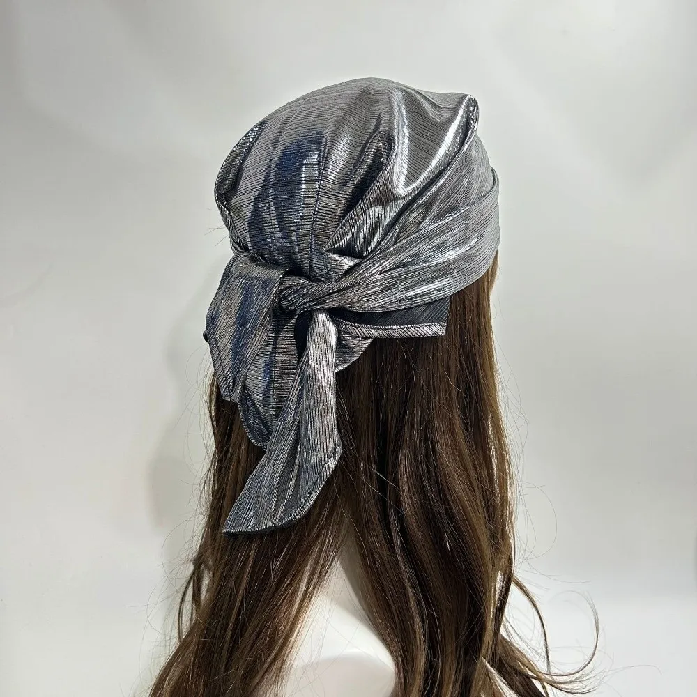 Y2K Polyester Liquid Silvery Headscarf Sparkly Stripe Shiny Metallic Bandana Breathable White Satin Square Turban Daily Use