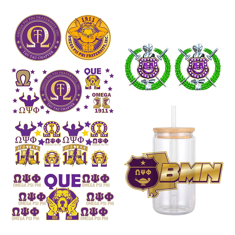 Omega psi phi fraternity UV DTF dovést nálepka vodotěsný převody obtisky pro 16oz sklo pohár balit nálepky