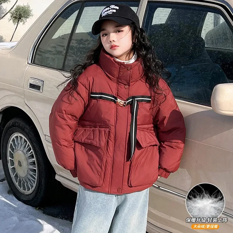 Girls Down Jacket 2024 Winter New Style White Duck Down Stand Collar Simple Casual Red Coat Korean Simple Style Fashion Coat