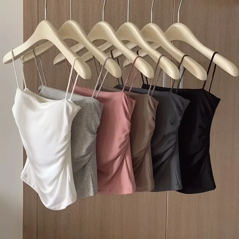 Solid All-Match Pleat Sling Vest Strap Chest Pad Inner Wear Slim Fit Slimming Short Gyaru Outer Wear Top for Women Tanks Camis