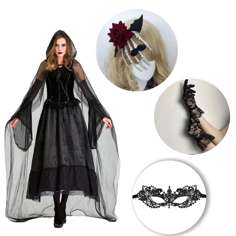 

Halloween Witch Costume Wizard Cosplay Black Hooded Dress Retro Court Style Evil Vampire Clothes Full Set for Women Party