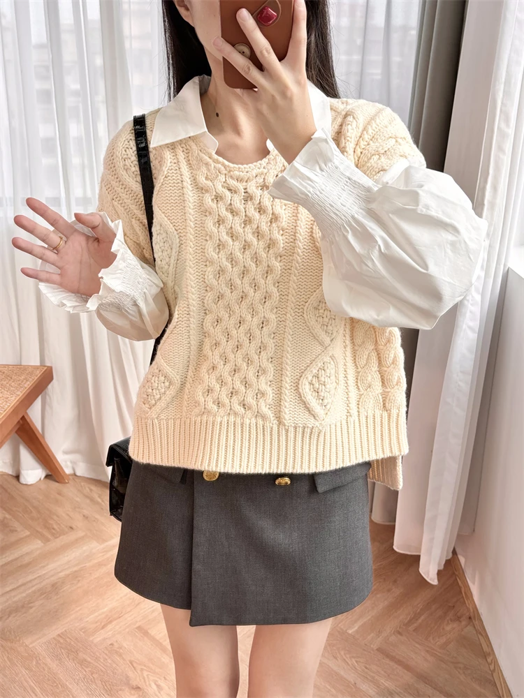 Fake Two Knitted Sweaters Splicing Long Sleeve Autumn/Winter Collar Twisted Flower Top for Women's Literature and Art SE