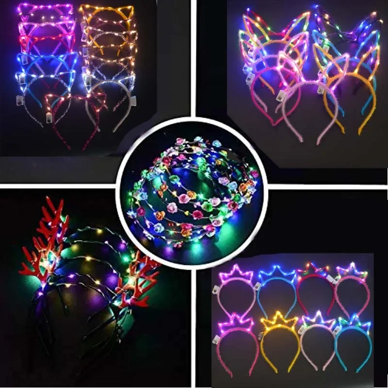 10pcs Cat Ear Flower Crown Bunny Glow Headband Light Up Flashing  Blink Hair Band Party Birthday  Wedding Festival