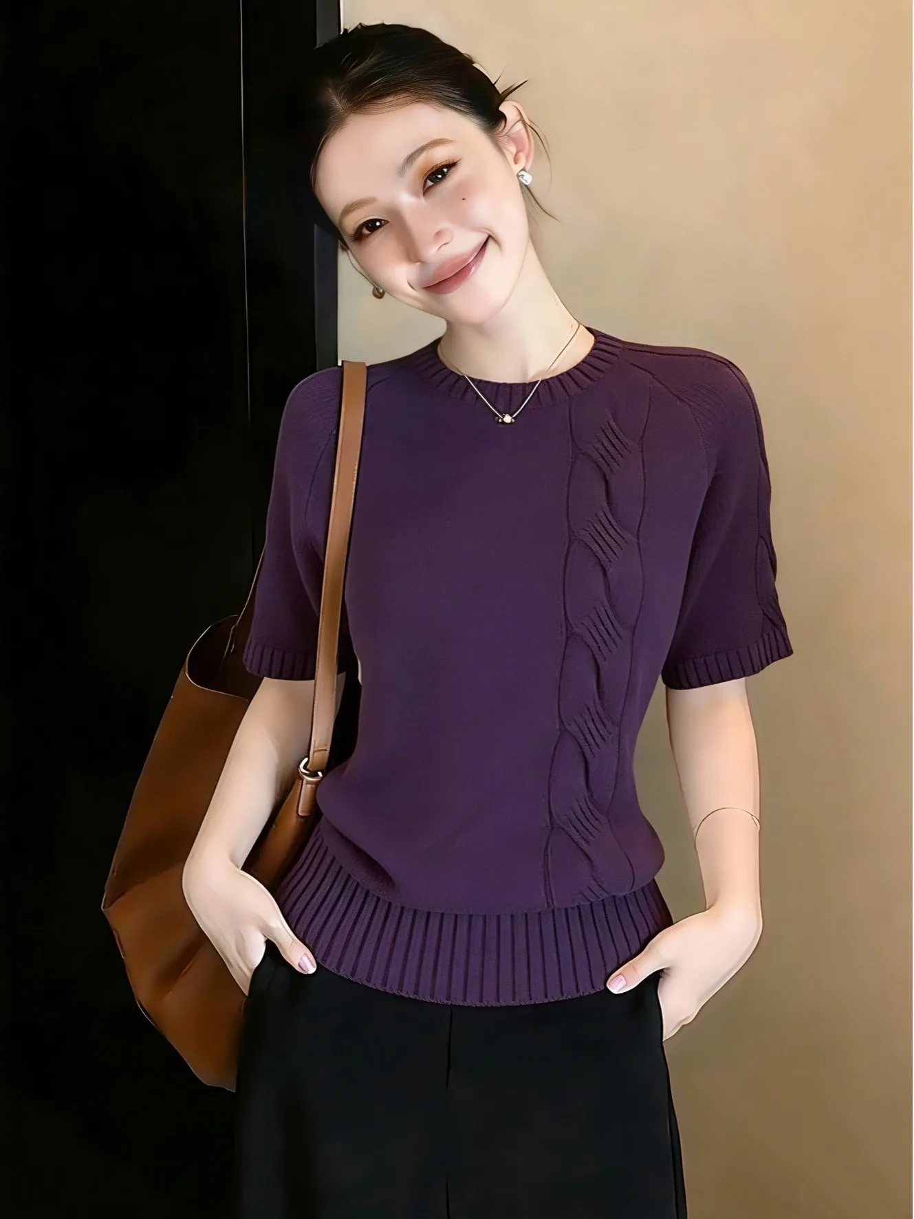 

plus Size Women's Purple Twisted Short Sleeve round Neck Knitwear Casual Versatile Slimming Inner Wear Comfortable Breathable...