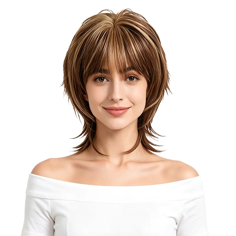 Women Short Mullet Wig Brown with Blonde Highlights Shaggy Layered Synthetic Hair with Bangs Natural Looking Daily Party Wear