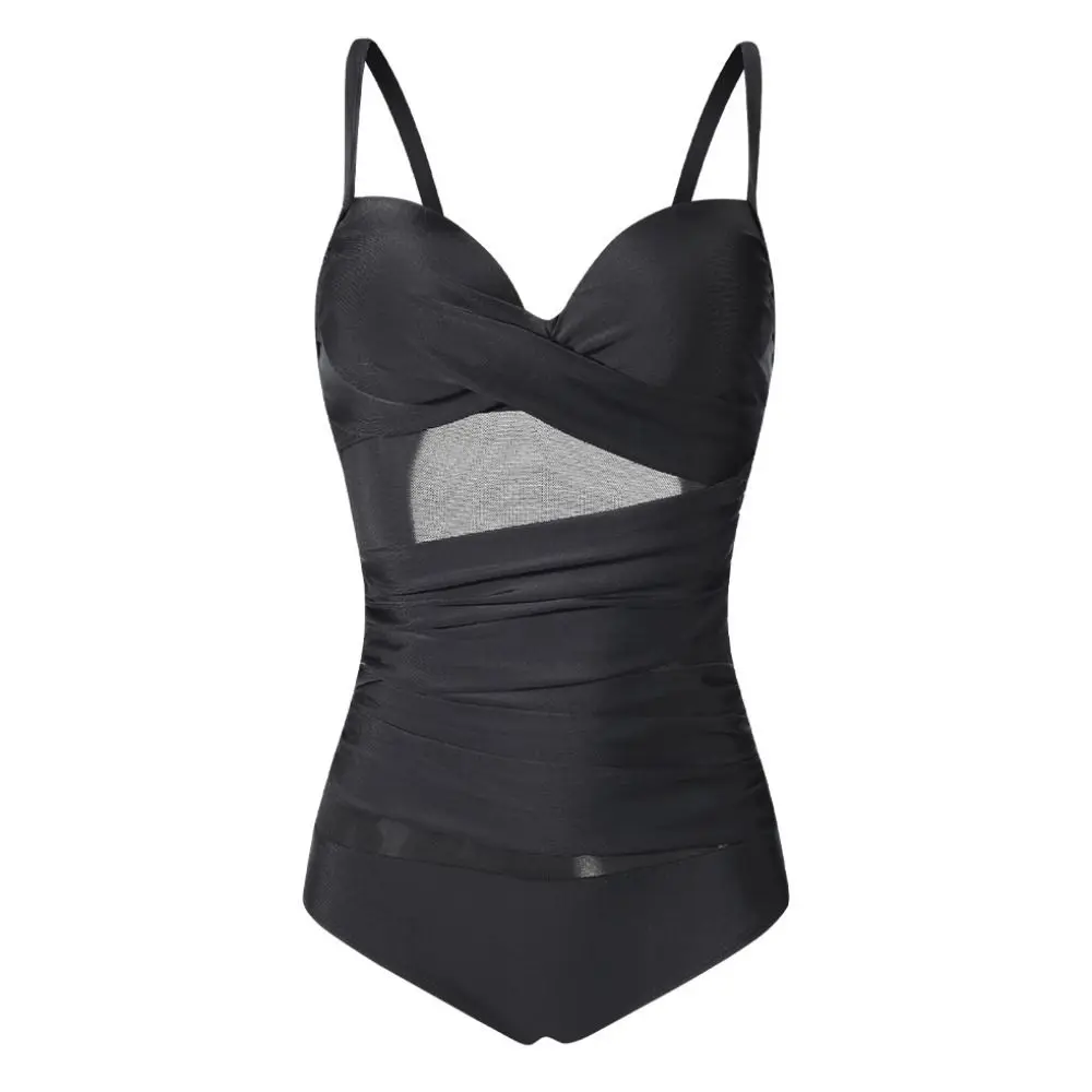 Fashion Transparent Slim Fit Swimsuit V-neck Mesh Bathing Swimwear Suit Pleated Beachwear Clothing Jumpsuit Bikini Vacation