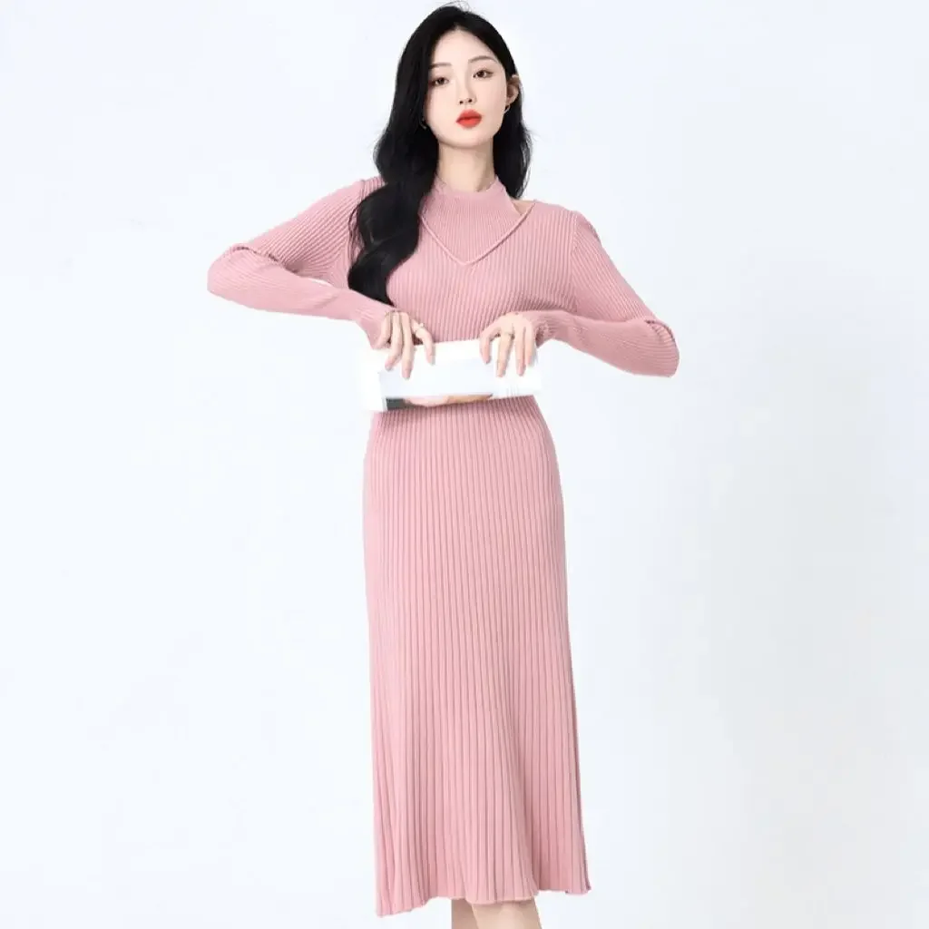 Fashion False Two Piece Gentle Wind Waisted Knitted Dress Women's Temperament Design Sense Neck Sweater Skirt Fall Winter