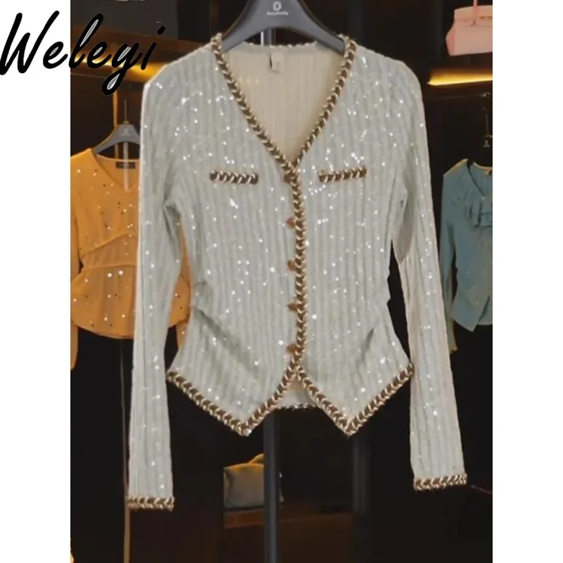 

Large Size Sequined V-neck Knitted Cardigan Female Autumn Retro Sweater 2024 New Women's Long Sleeve Slimming Waist Knitting Top