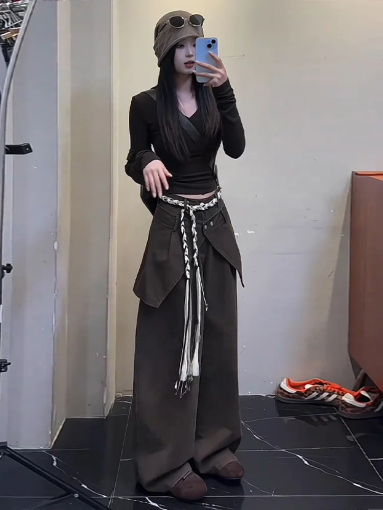 Retro American Coffee Color Wide Leg Jeans Women Summer Street Hot Girl High Waist Casual Flared Long Pants Loose Fit Jeans