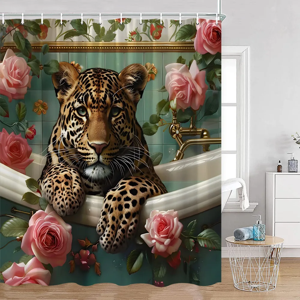 Wild Animals Shower Curtain Tiger Forest Elegant Panther Green Palnts Rose Floral Home Decor for Bathroom Polyester Bath Curtain