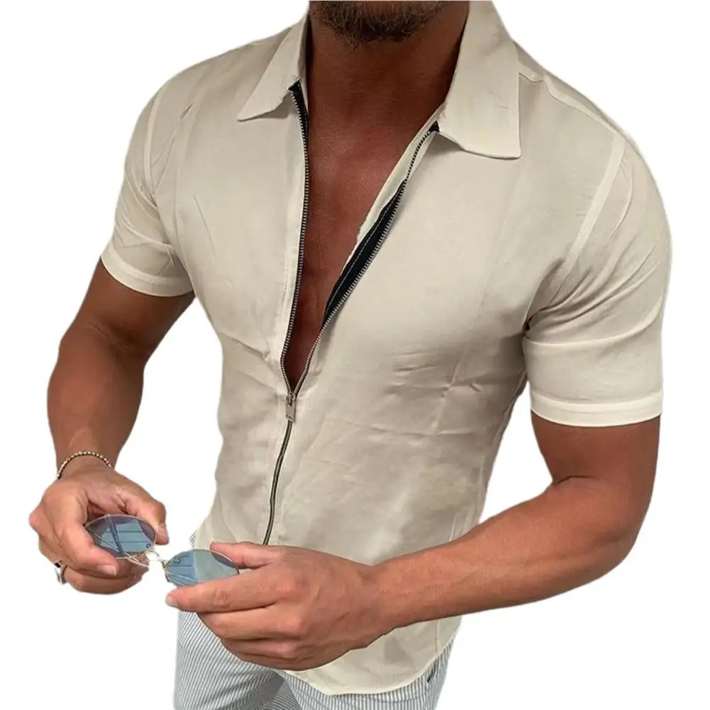 Chic Shirt Friendly to Skin Slim Fit Zipper Bright Summer Top  Men Top Lapel