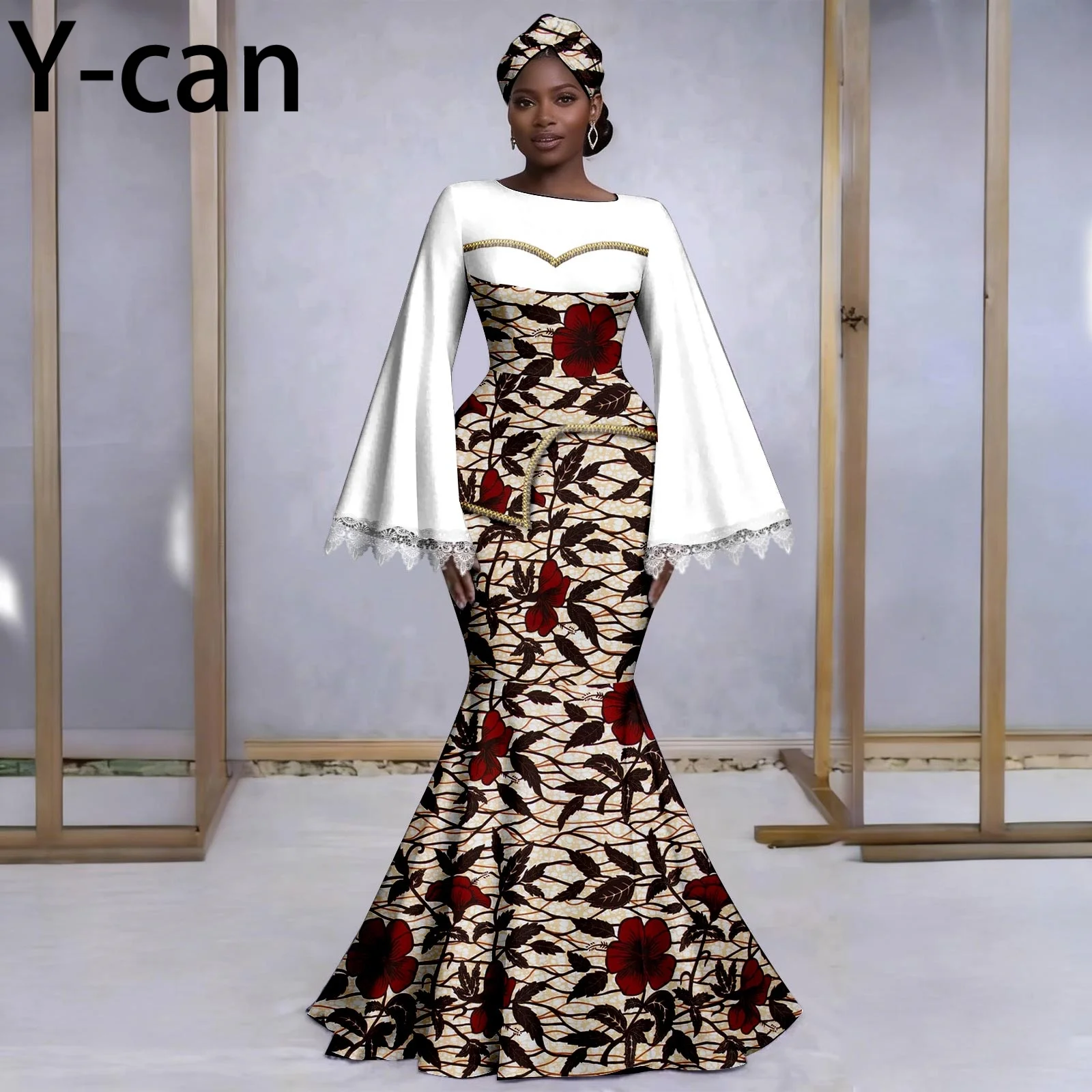 Women Ankara Print Mermaid Maxi Dress With Matching Headwrap Flare Sleeve Patchwork Dashiki Party Gown 2PCS Outfit 2626033