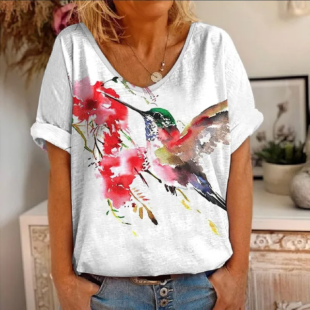 Letnie kwiatowe ptaki zwierzęta koszulka z nadrukiem 3D koszulki damskie kwiaty dekolt w serek Streetwear koszulki damskie Harajuku Y2k fajne dziewczyny topy