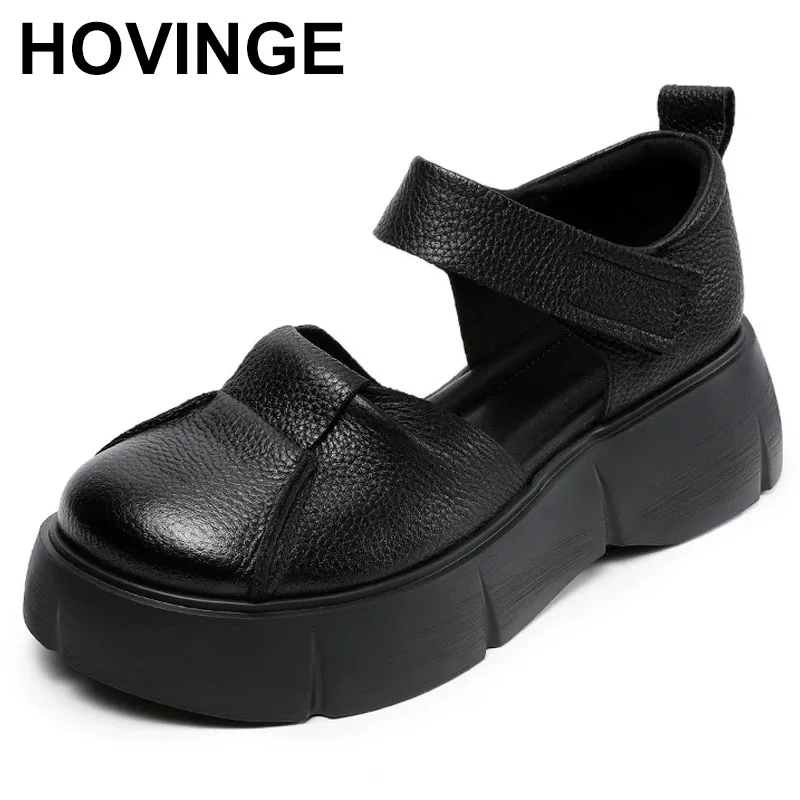 

Handmade Retro Platform Sandals Women Summer Wedges Heel Shoes Round Toe Genuine Cow Leather Comfort