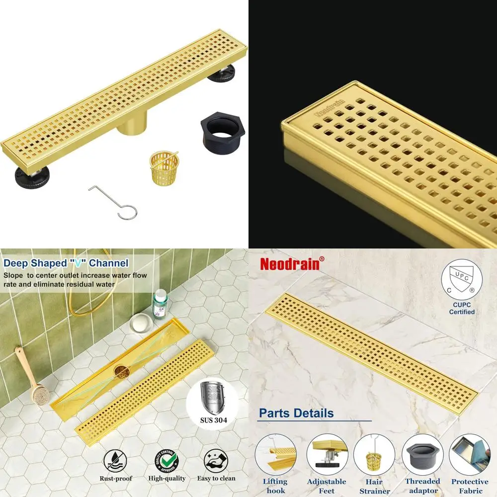 

18-дюймовый линейный душевой трап из матовой латуни со съемной решеткой, высококачественный прямоугольный душевой трап из нержавеющей стали 304 золотого цвета