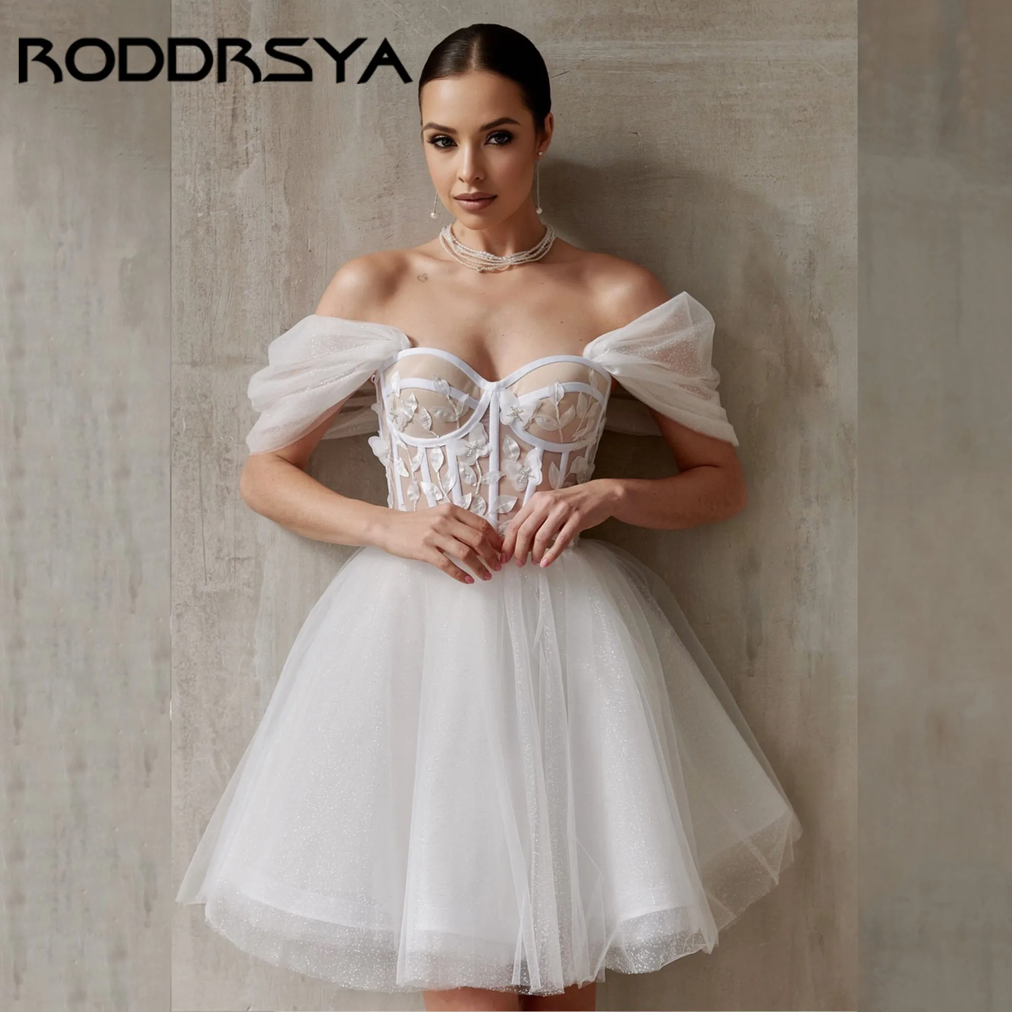 RODDRSYA Short A-Line Dress For Bride Off Shoulder Sweetheart Tulle Wedding Gowns Backless Lace Up vestidos de novia Customized