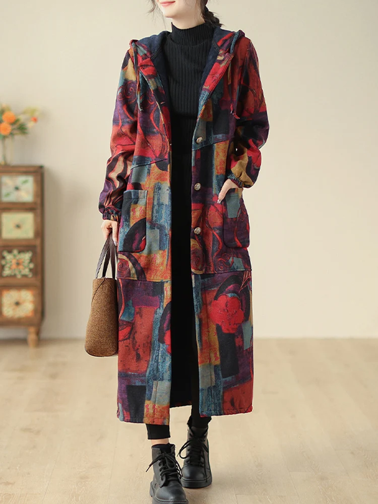 Casaco longo vintage de inverno feminino, elegante parkas com capuz, outwear acolchoado de algodão fino, mais veludo, senhora do escritório, novo, 2022