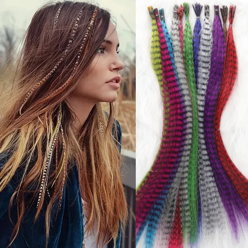 LUPU 10pcs/pack Colorful Synthetic Feather Hair Extension For Women Girls 16 Inch Long Stripe Hair For Music Festival Christmas