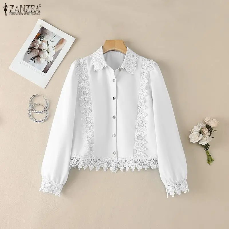 

Summer Spring Elegant Lace Patchwork Women Shirt ZANZEA Long Sleeve Buttons Casual Blusas Streetwear Solid OL Work Party Tops