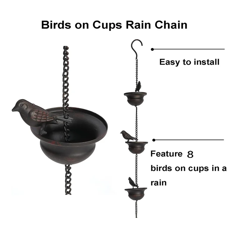 

SYW-Rain Chains For Gutters Mobile Birds On Cups Rain Chimes 8Ft Rain Chimes With Attached Hanger And Birds 2Pcs