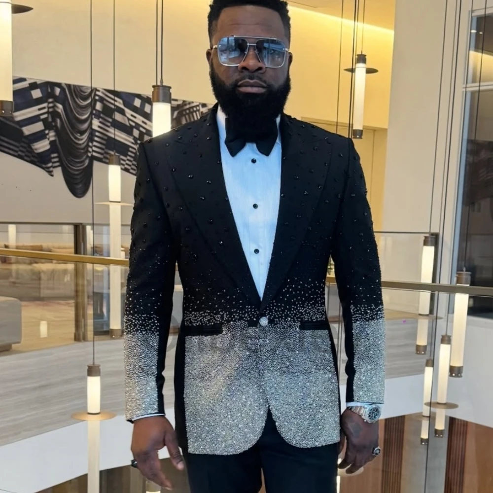 Olibexley Sparkly Wedding Tuxedos With Crystal Diamond Men Suits 2 Pieces Sets Groom Male Prom Blazers Terno Customized S88