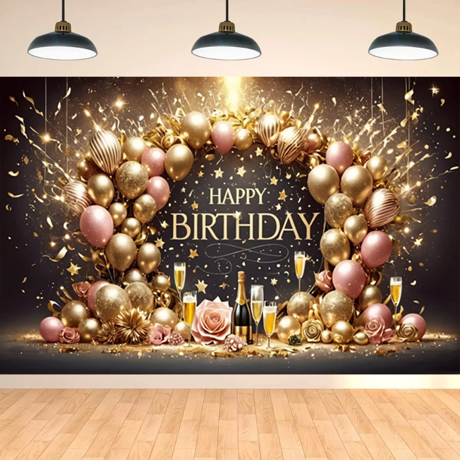 Happy Birthday Banner Black Gold Balloon Background Wall Photography Mural Wallpaper Suitable  Family Birthday Party Decoration