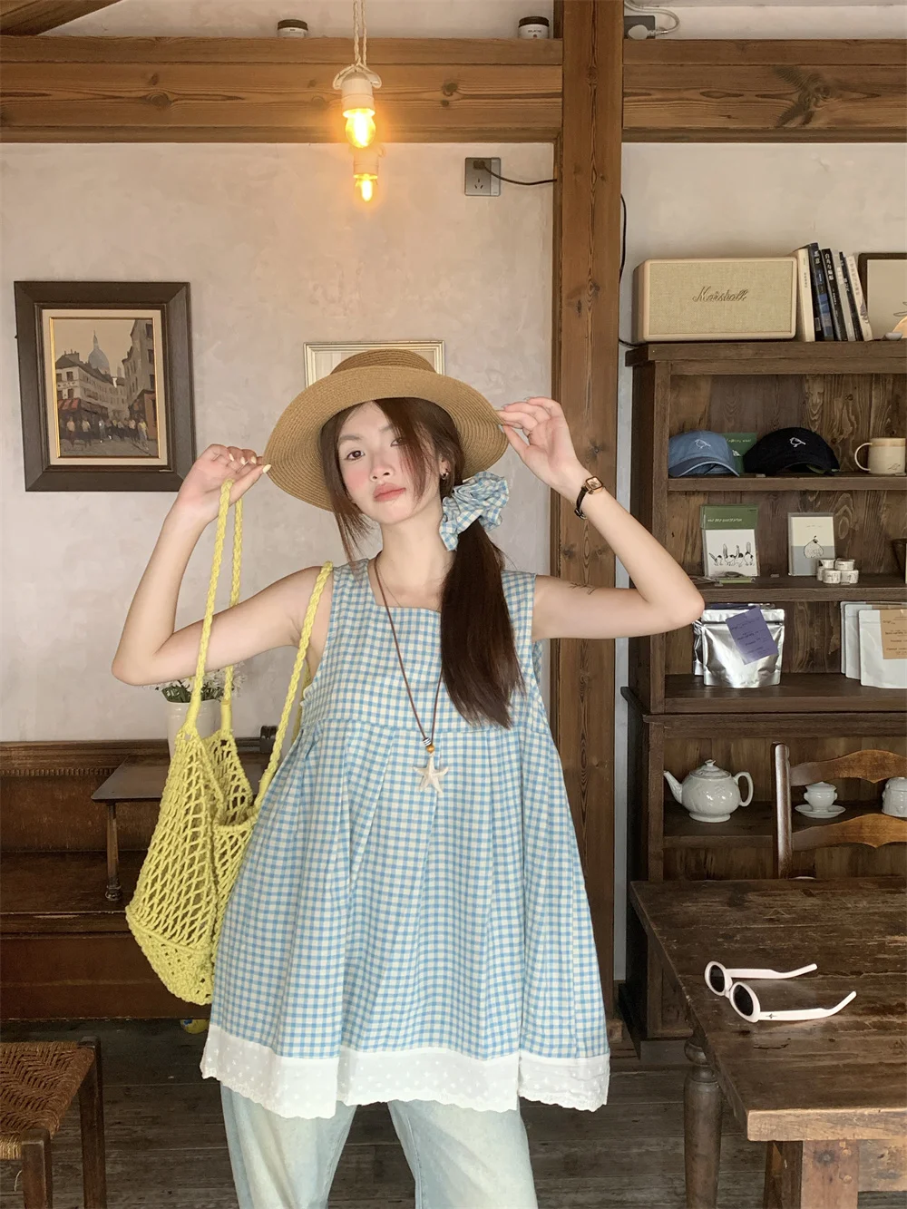

Sweet Style Loose Square Collar Vest Women's Summer Anti-Aging Lace Trim Mid-Length Outerwear Top Commute Style Gridded Pattern