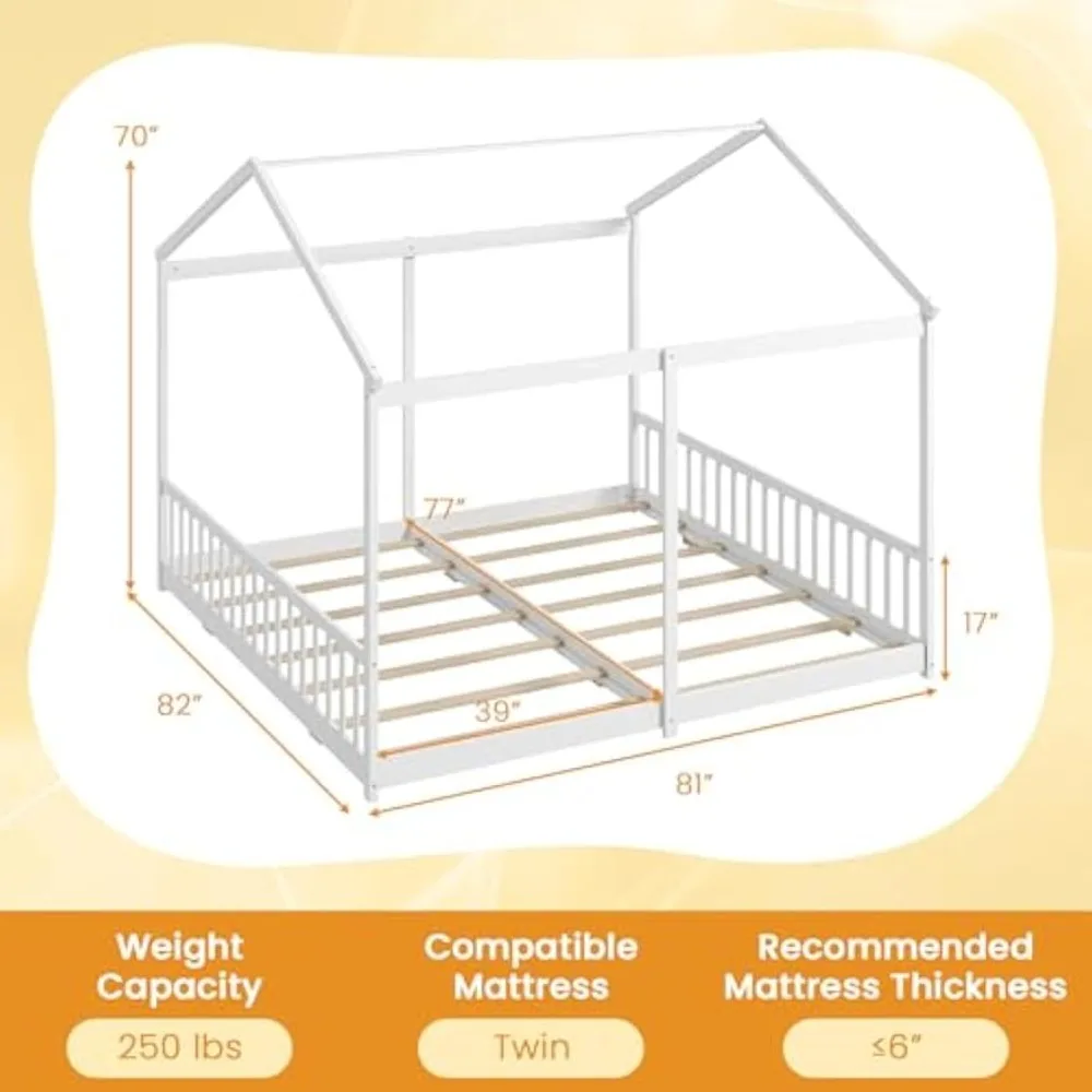 Giantex Letti matrimoniali da pavimento per 2 bambini, Letto Montessori in legno con recinzione e tetto, supporto a doghe in legno, facile da montare, senza scatola Spr
