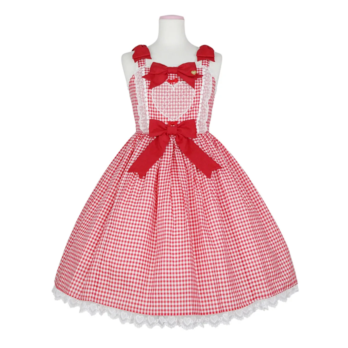 Tailor-made peach heart bow lace plaid dress