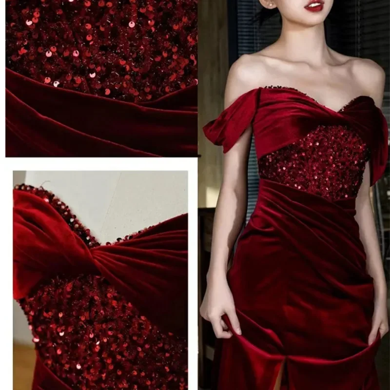 Customized Fishtail Bride Wine Red Engagement Dresses Wedding Party Vestidos One Shoulder Slim Fit Evening Dress Velvet Sequins