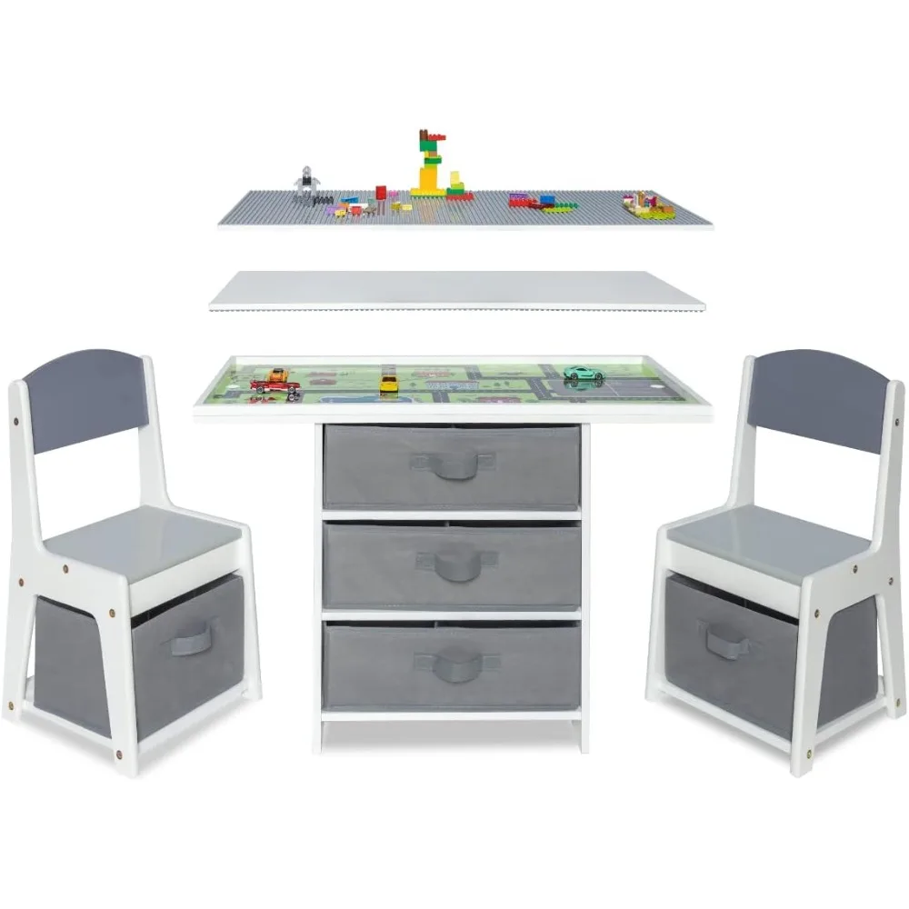 طقم طاولة وكرسي لعب خشبي 3 في 1 مع مساحة تخزين للأطفال، متوافق مع طاولة النشاط Lego وDuplo