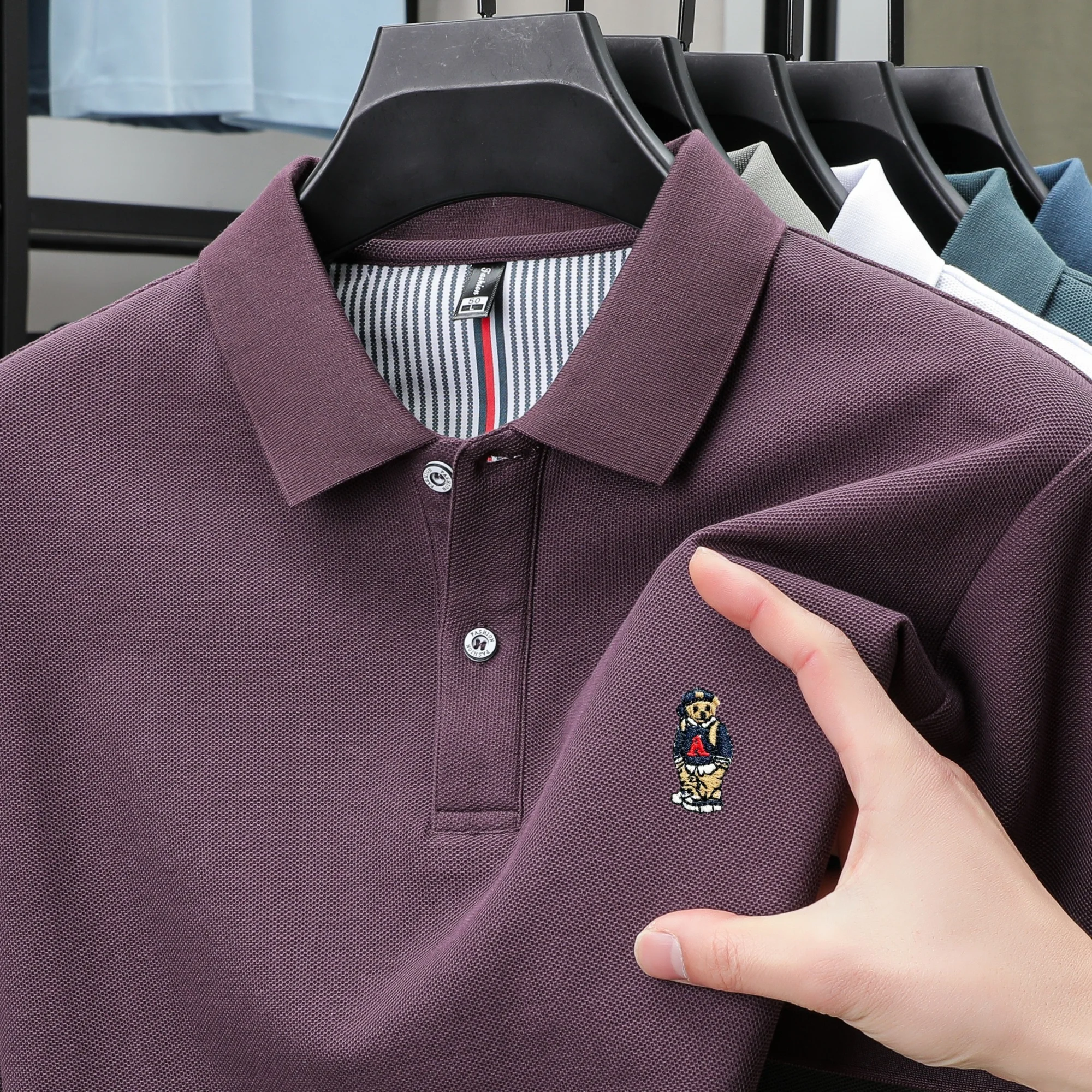 100% cotton high-quality short sleeve men's polo shirt fashion brand cute bear embroidery top Korean casual breathable T-shirt image 4