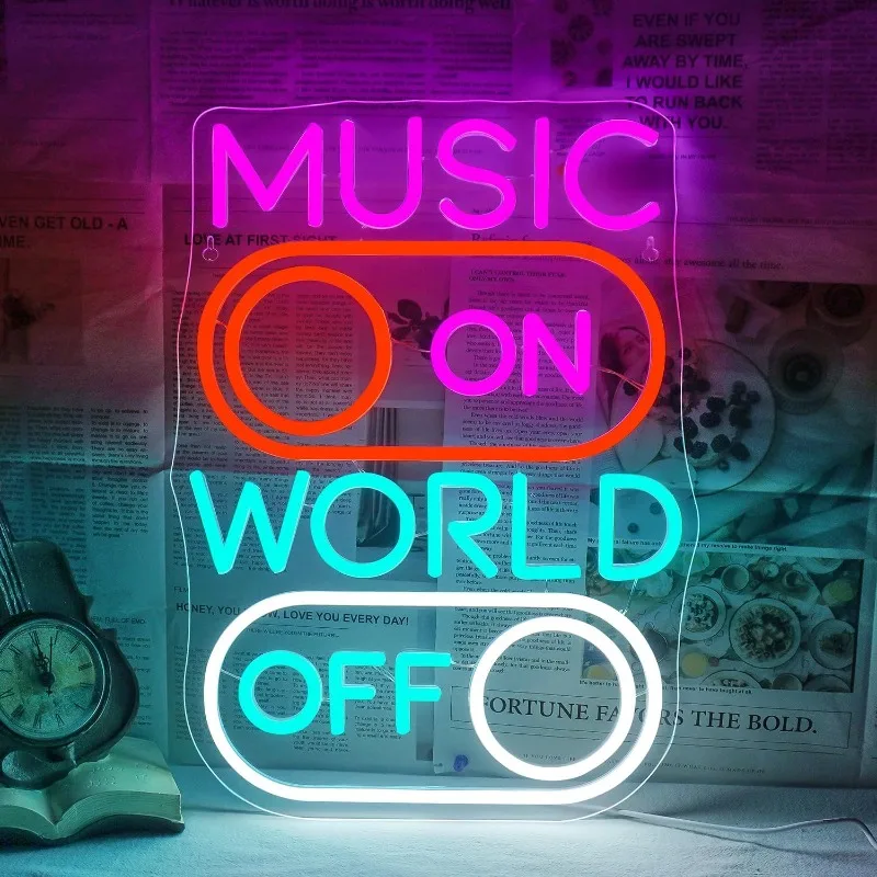 

Music ON World OFF Неоновая вывеска Светодиодные неоновые огни для настенного декора Светящиеся вывески для музыкальной студии, клуба, домашнего декора Подарок для любителей пения