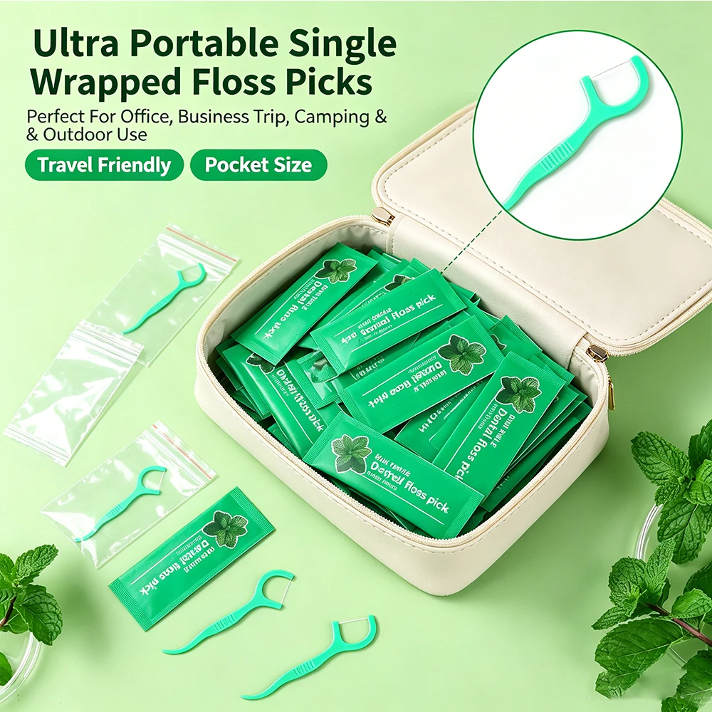 220PCS Individually Wrapped Mint Dental Floss Picks, Cool Fresh Breath Single Pack Floss Sticks, Portable Disposable Flossers