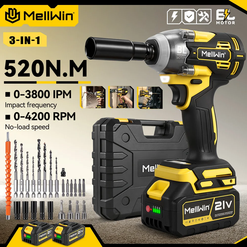 MELLWIN 520N·m Bürstenloser 3-in-1 Elektro-Schlagschrauber Kabelloser Elektrobohrer Schraubendreher Elektrowerkzeug-Set für Makita 18V Akku