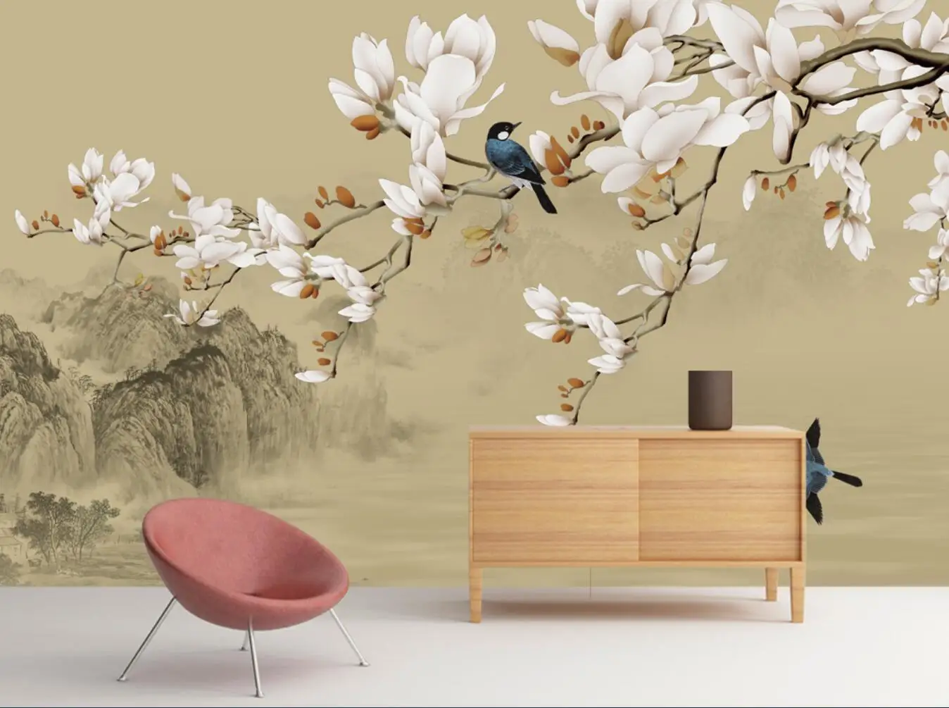 

beibehang Custom 3d wallpaper mural hand-painted meticulous new Chinese style magnolia landscape flower and bird TV background