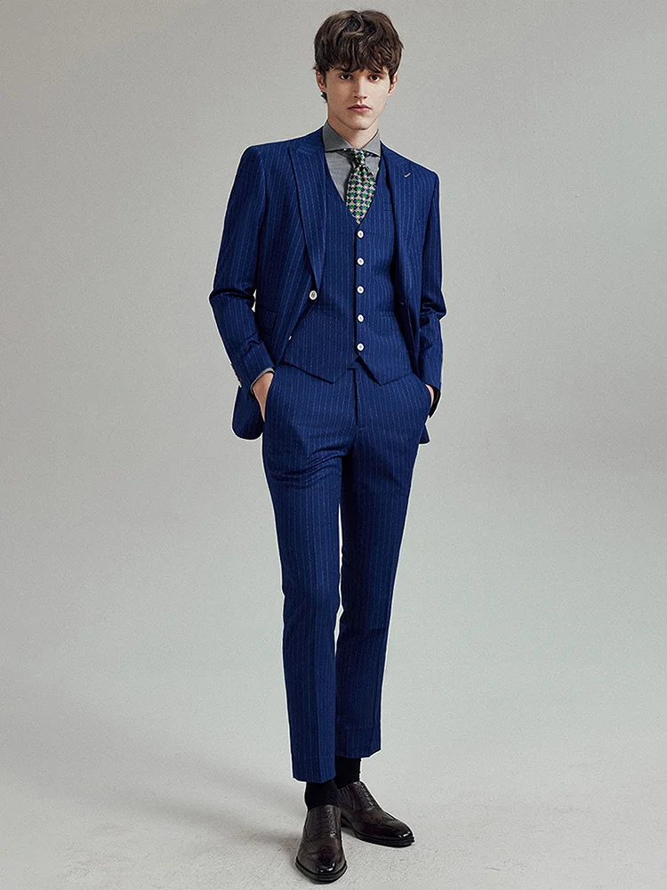 Men Suits Set Summer Thin Cool Wedding Groom Wear Deep Blue White Stripe Slim Fit Blazer Vest Pant Plus Size 60 Formal Clothing