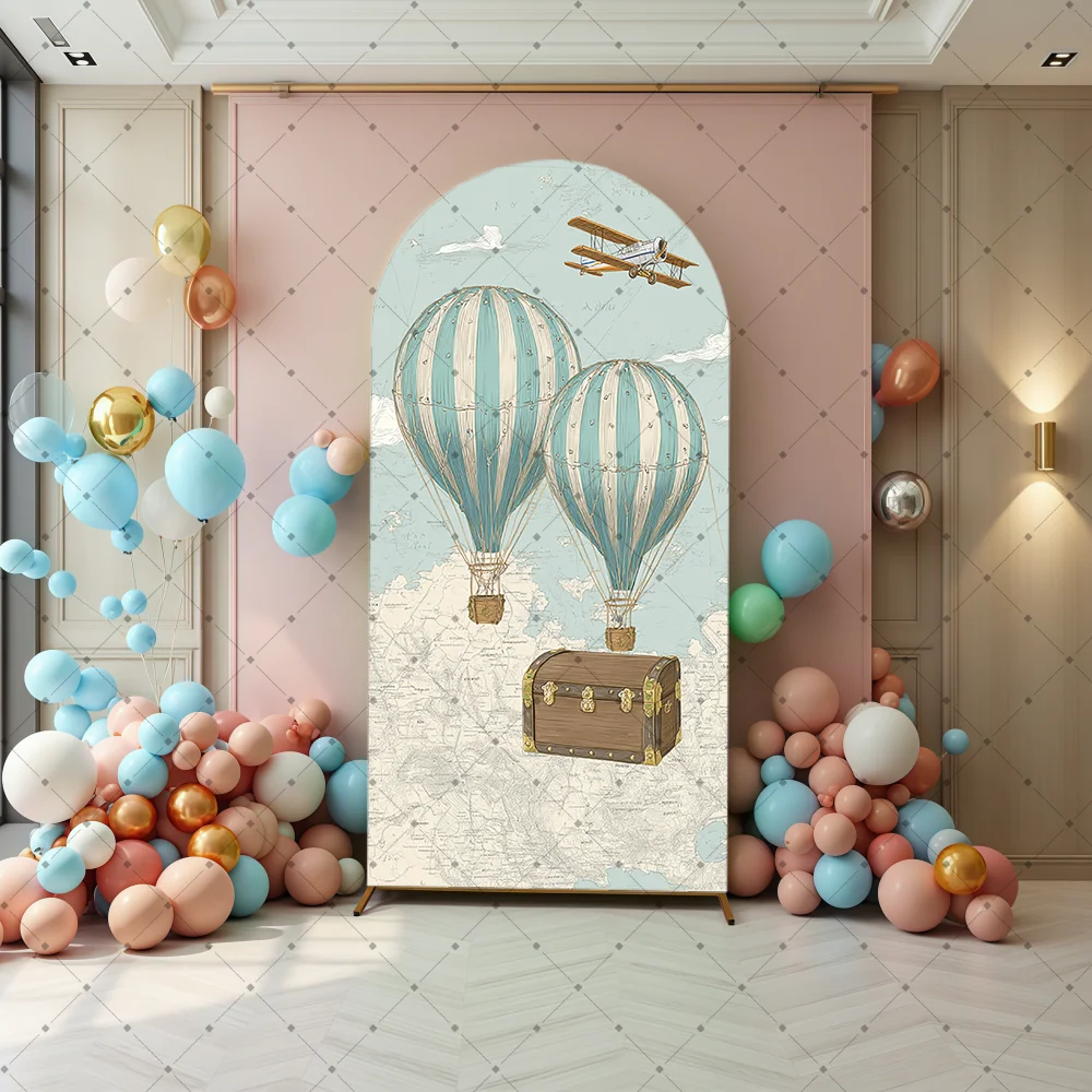Adventure Arch Backdrop Cover Hot Air Balloon Airplane Baby Shower Birthday Party Custom Chiara Wall Panels Travel Map Elastic