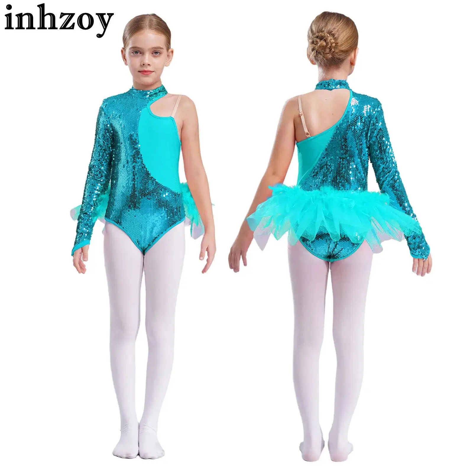 

Kids Girls Sparkly Sequins Feather Ballet Tulle Skirted Leotard Long Sleeve Mock Neck Bodysuit Jazz Dance Performance Costume