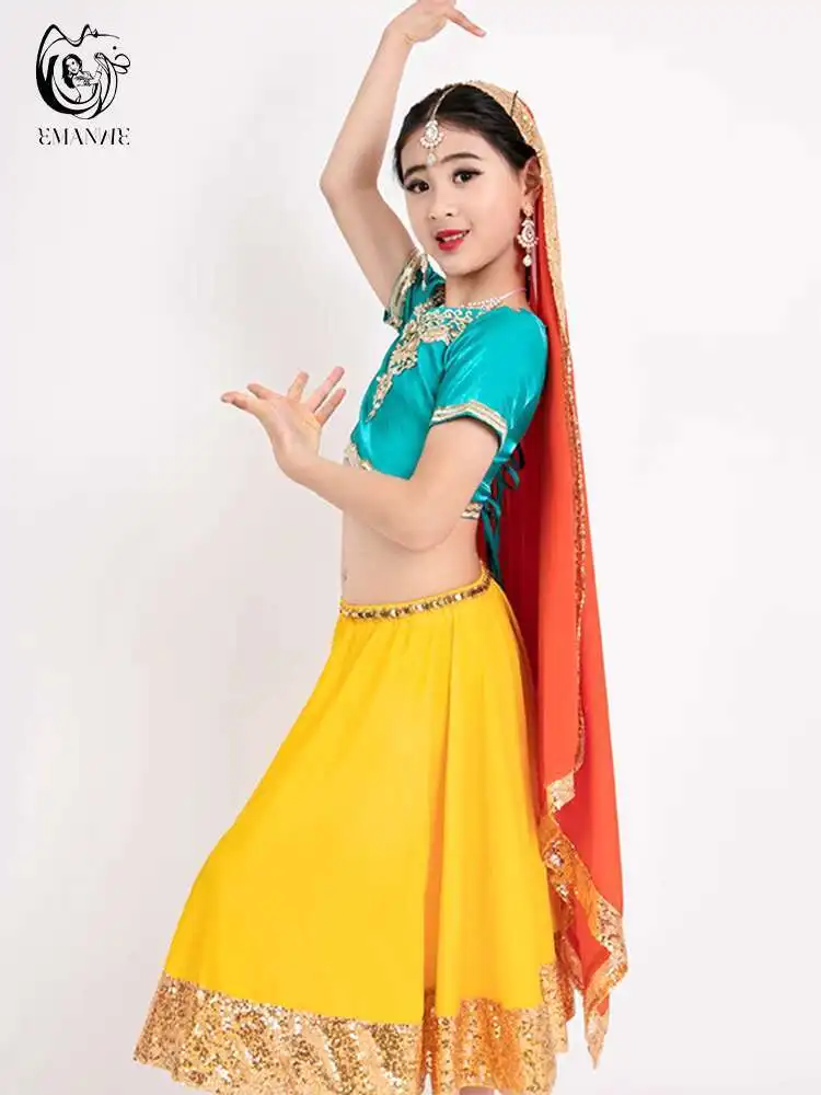 

Iman Exotic Indian Dance Ethnic Children's Dance Dress Contrast Embroidered Sari Top Large Swing Skirt Set