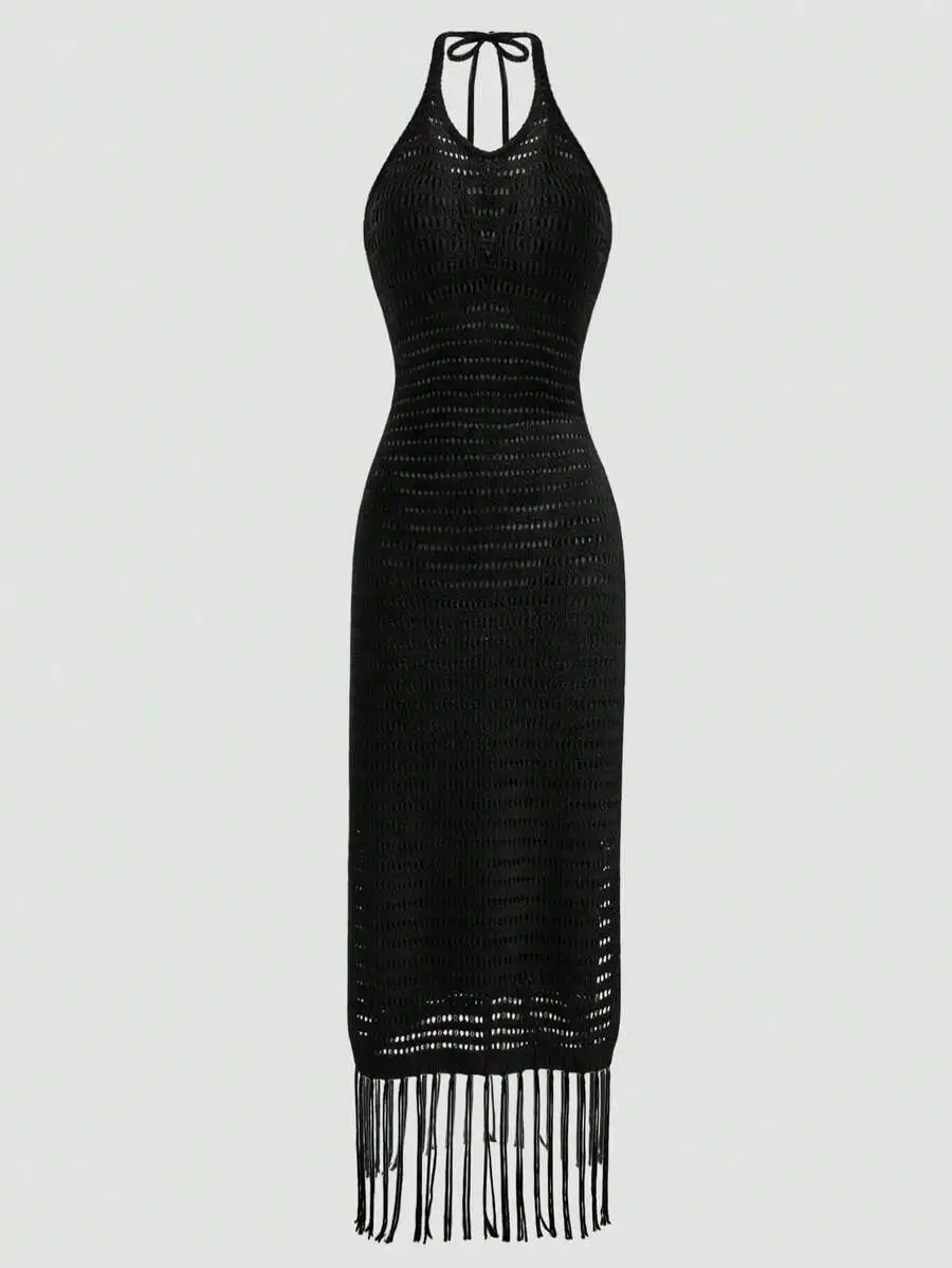

Black Crochet Halter Neck Fringe Cover Up Dress For Women Summer Beach