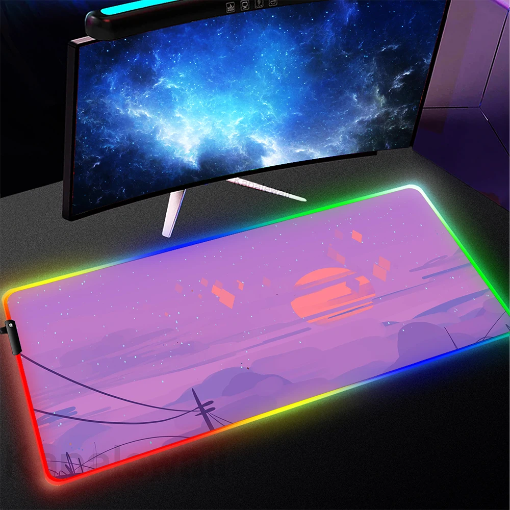 Grande RGB LED Backlit Mouse Pad, Lua Paisagem Mousepad, esteira de borracha luminosa, almofadas de mesa, teclado, computador