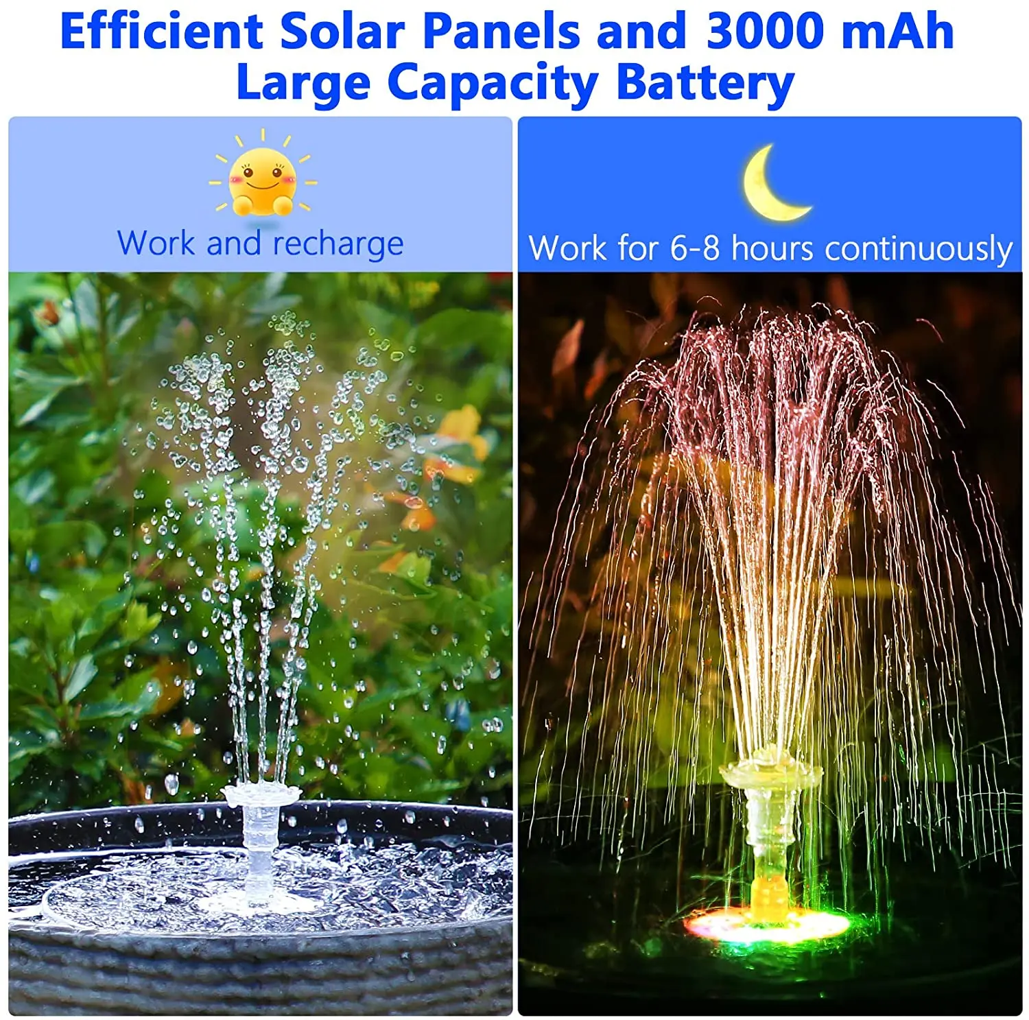 AISITIN 5,5 W LED Solar Brunnen Pumpe mit LED-Licht, neue Verbesserte 3000mAh Lagerung Batterie mit 16 Düsen Solar Vogel Bad