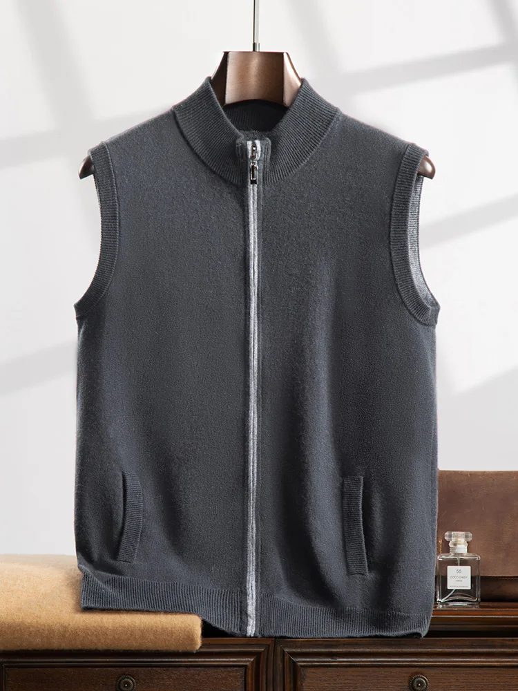 Autumn Winter Men's Mock Neck Cashmere Vest Zippers Sweater Cardigan Sleeveless Waistcoat 100% Merino Wool Knitwear Business Top