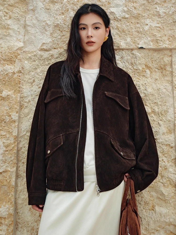 

Vintage Short Genuine Leather Suede Jackets for Women Autumn Winter 2026 New High-end Simple Casual Loose Real Sheepskin Coat